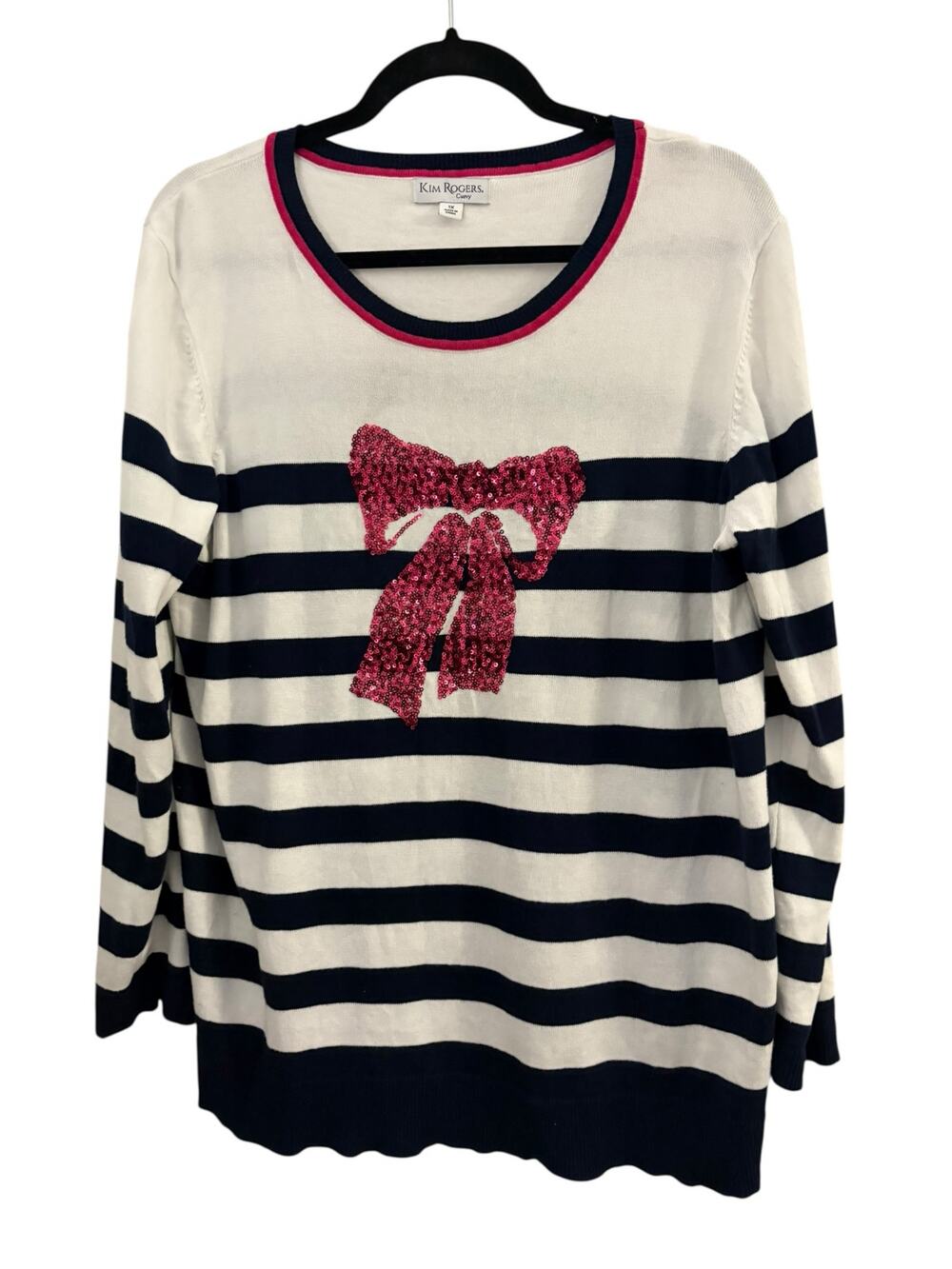 Kim Rogers Intarsia Sweater Pink Sequin Bow Womans Plus 1X Vintage Cotton Blend